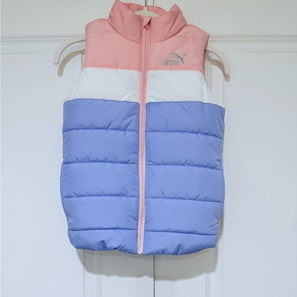 Puma Color Block Puffer Vest Size Medium 7/8 Big Girls - Pink, Purple, White